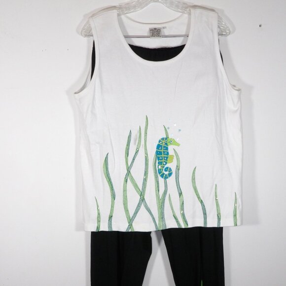 Women's 3 Piece Suit Top Jacket Capris Sz Large Black Colorful Seahorses Vintage - Picture 7 of 9